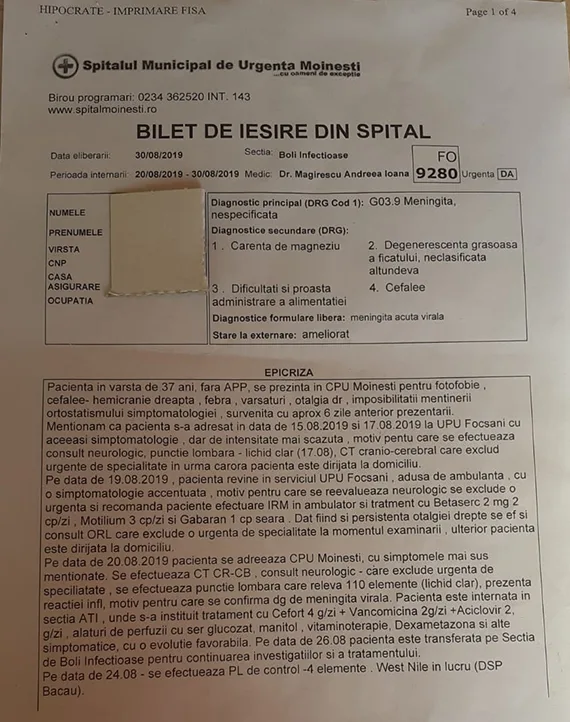 INCREDIBIL: Trimisă acasă de la Spitalul Județean Focșani, deși avea MENINGITĂ! ”Am văzut moartea cu ochii! 6 zile am stat internată la Terapie Intensivă la Spitalul de Urgență din Moinești”. DRAMA unei femei căreia 5 medici i-au pus diagnosticul greșit.