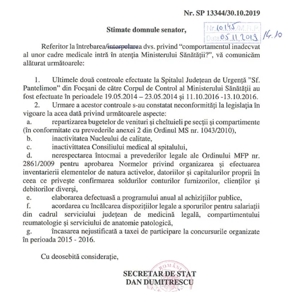 INCREDIBIL! Spitalul Județean Focșani, în fruntea căruia se află Constantin Mândrilă, prietenul lui Oprișan, n-a mai fost ”călcat” de Corpul de Control al Ministrului Sănătății din anul 2016. La acea vreme, controlul a evidențiat o mulțime de nereguli!