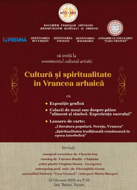 Cultură și spiritualitate în Vrancea arhaică”, eveniment cultural-artistic la Sala Balada, mâine de la orele 17.00