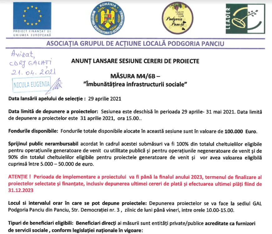 GAL Podgoria Panciu: Anunțuri lansare sesiune cereri de proiecte pentru 3 măsuri!
