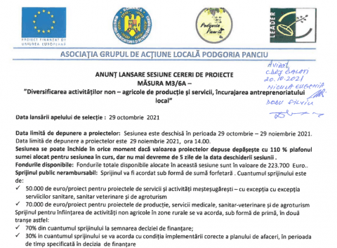 GAL Podgoria Panciu: ANUNȚ lansare sesiune cereri de proiecte Măsura M3/6A
