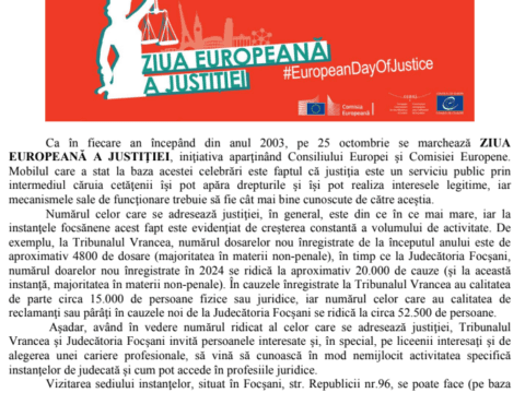 Ziua Porților Deschise la Tribunalul Vrancea, pe 25 octombrie