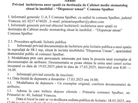 UAT Spulber: Anunț privind închirierea unor spații cu destinația de Cabinet medic stomatolog situat în imobilul – Dispensar uman Comuna Spulber