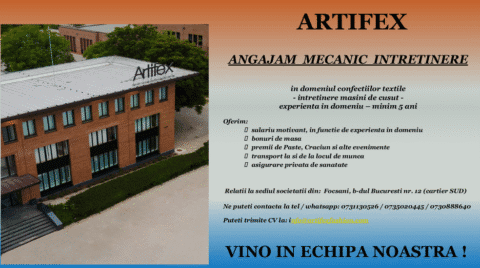 Artifex Focșani angajează mecanic întreținere în domeniul confecțiilor textile
