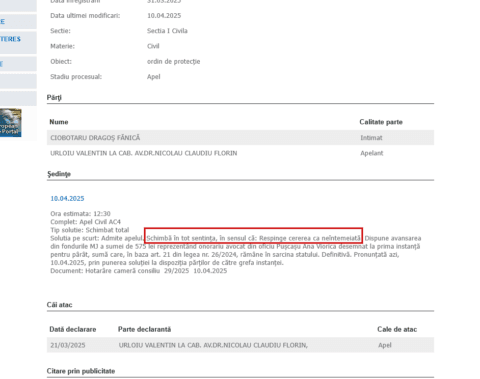 Tribunalul Vrancea a respins, în apel, cererea deputatului Dragoș Ciobotaru privind ordinul de protecție al familiei sale față de Valentin Urloiu, deși acesta din urmă afirmase că vrea să-i dea foc la casă și să-i calce fetițele cu bicicleta.