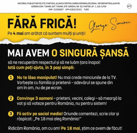 George Simion: „Fără frică! Pe 4 mai am arătat că suntem mulți și uniți! Nu te lăsa manipulat!”