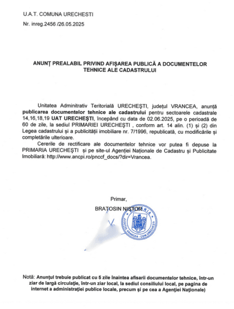 UAT Urechești. Anunț prealabil privind afișarea publică a documentelor tehnice ale cadastrului