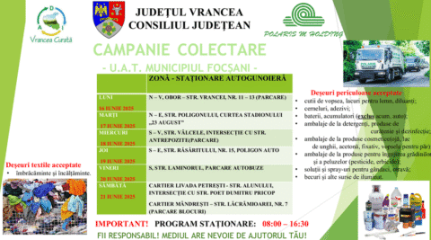 ADI „Vrancea Curată” și Polaris M. Holding derulează o campanie gratuită de colectare în municipiul Focșani. Fii responsabil. Mediul are nevoie de ajutorul tău.