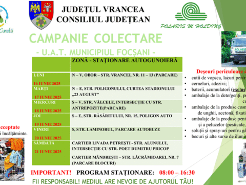 ADI „Vrancea Curată” și Polaris M. Holding derulează o campanie gratuită de colectare în municipiul Focșani. Fii responsabil. Mediul are nevoie de ajutorul tău.