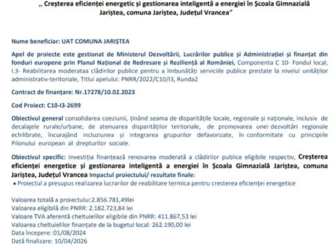 Comunicat de presă. Creșterea eficienței energetice și gestionarea inteligentă a energiei în Școala Gimnazială Jariștea, comuna Jariștea, județul Vrancea
