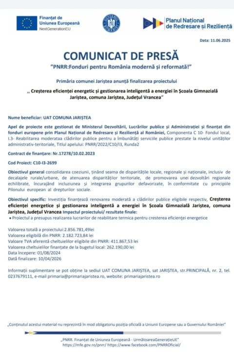 Comunicat de presă. Creșterea eficienței energetice și gestionarea inteligentă a energiei în Școala Gimnazială Jariștea, comuna Jariștea, județul Vrancea