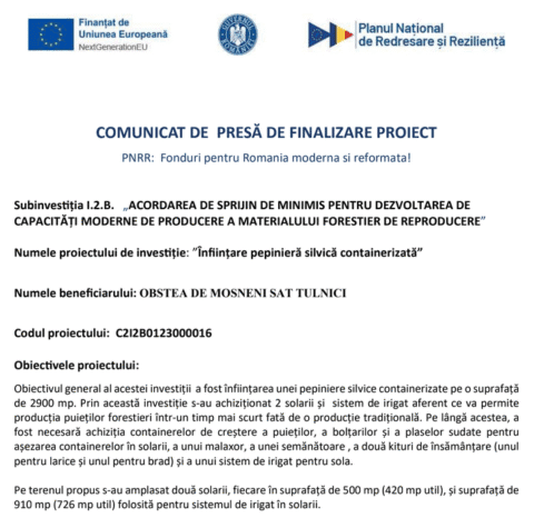 Comunicat de presă finalizare proiect „Înființare pepinieră silvică containerizată”.