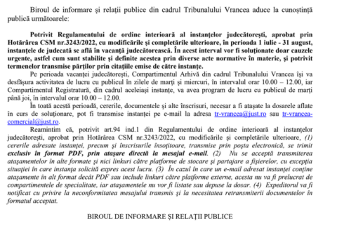 Programul instanțelor de judecată pe perioada vacanței judecătorești