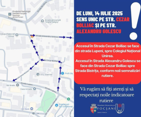 Atenție, șoferi! Modificări în circulația rutieră din Focșani. Sensuri unice pe străzile Cezar Bolliac și Alexandru Golescu