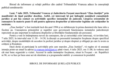 Ziua Justiției, marcată la Tribunalul Vrancea și Judecătoria Focșani printr-o acțiune de tipul porților deschise