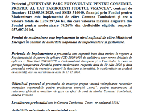 Comunicat de presă. „Înființare parc fotovoltaic pentru consumul propriu al UAT Tâmboești Județul Vrancea”