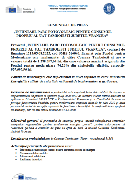 Comunicat de presă. „Înființare parc fotovoltaic pentru consumul propriu al UAT Tâmboești Județul Vrancea”