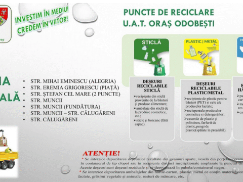 ADI „Vrancea Curată” a anunțat care sunt punctele de colectare selectivă a deșeurilor în orașul Odobești