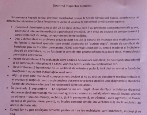 Nouă elevi cu probleme de comportament grave sunt ținuți într-o singură clasă, la Școala Gimnazială Suraia. Ce a făcut directorul Ariton toată vara?