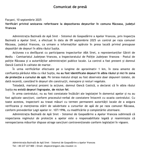 SGA susține că nu a identificat deșeuri în albia râului Sușița