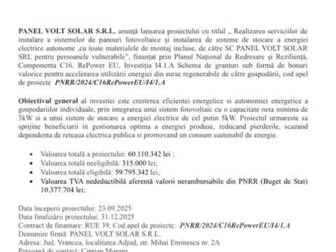 Comunicat de presă. Panel Volt Solar SRL anunță lansarea unui nou proiect cu fonduri PNRR