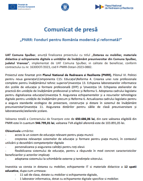 Comunicat de presă. UAT Spulber anunță finalizarea proiectului „Dotarea cu mobilier, materiale didactice și echipamente digitale a unităților de învățământ preuniversitar din Comuna Spulber, judetul Vrancea”