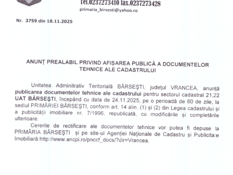 Anunț prealabil privind afișarea publică a documentelor tehnice ale cadastrului (UAT Bârsești)