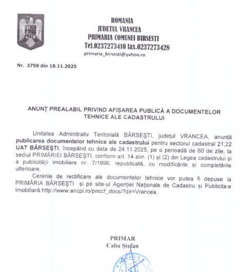 Anunț prealabil privind afișarea publică a documentelor tehnice ale cadastrului (UAT Bârsești)
