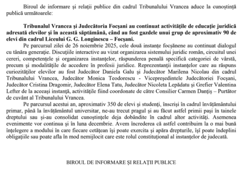 90 de elevi de la Liceul Longinescu, în vizită la instanțele vrâncene