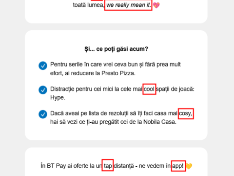 Banca Transilvania „măcelărește” limba română: „We really mean it”, „cool”, „cosy”, „tap” și „app” într-un singur mesaj.