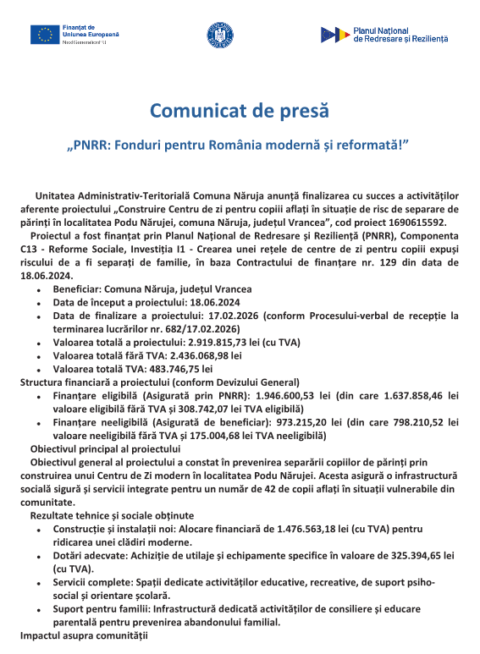 UAT Năruja a finalizat proiectul „Construire Centru de zi pentru copiii aflați în situație de risc de separare de părinți în localitatea Podu Nărujei, comuna Năruja, județul Vrancea”