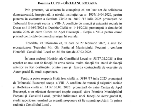 Actrița Roxana Lupu a câștigat definitiv procesul cu Teatrul Pastia din Focșani