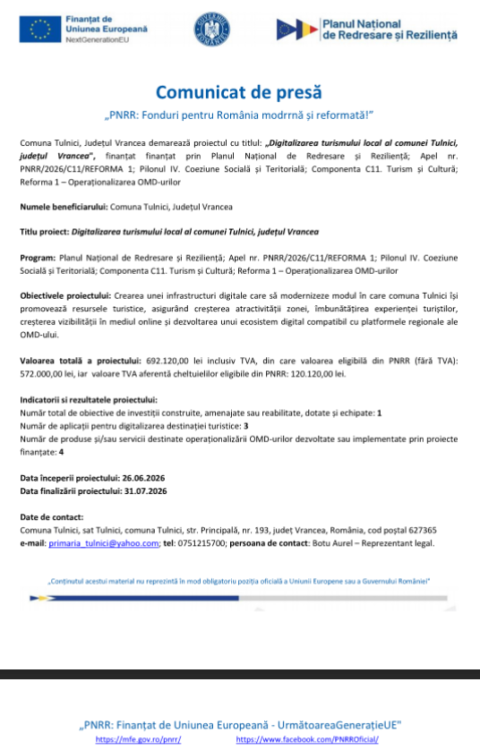 Comunicat de presă. Comuna Tulnici demarează proiectul „Digitalizarea turismului local al comunei Tulnici, județul Vrancea”