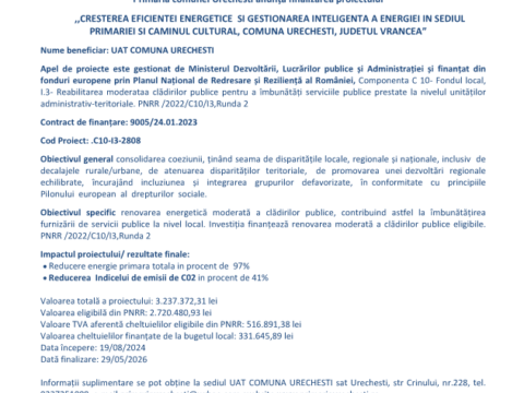 Comunicat de presă. Primăria Urechești anunță finalizarea proiectului „Creșterea eficienței energetice și gestionarea inteligentă a energiei în sediul Primăriei și Căminul Cultural, Comuna Urechești, județul Vrancea”
