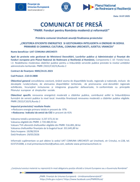 Comunicat de presă. Primăria Urechești anunță finalizarea proiectului „Creșterea eficienței energetice și gestionarea inteligentă a energiei în sediul Primăriei și Căminul Cultural, Comuna Urechești, județul Vrancea”