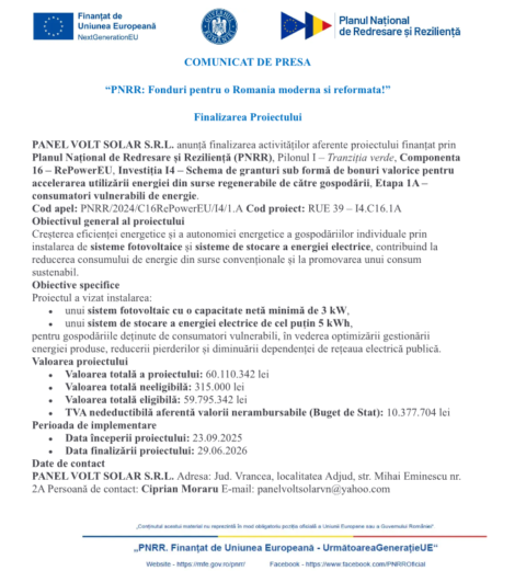 Panel Volt Solar anunță finalizarea activităților aferente unui proiect PNRR referitor la tranziția verde