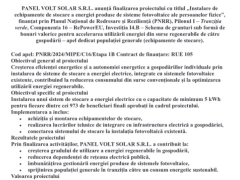 Panel Volt Solar anunță finalizarea proiectului „Instalare de echipamente de stocare a energiei produse de sisteme fotovoltaice ale persoanelor fizice”