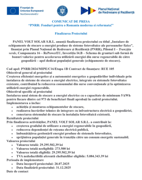 Panel Volt Solar anunță finalizarea proiectului „Instalare de echipamente de stocare a energiei produse de sisteme fotovoltaice ale persoanelor fizice”