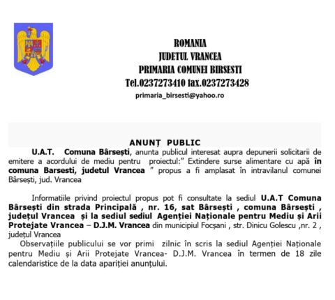 Anunț UAT Bârsești. Acord de mediu pentru proiectul „Extindere surse alimentare cu apă în comuna Bârsești, județul Vrancea”