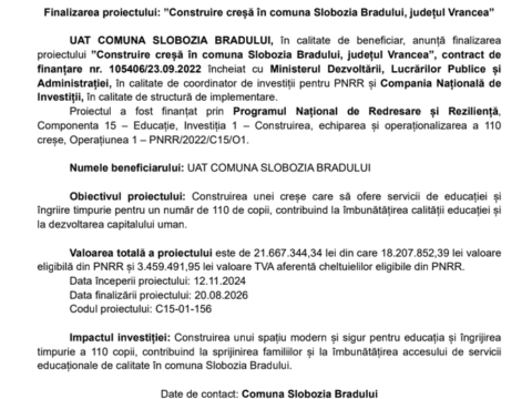 Comunicat de presă: UAT Slobozia Bradului anunță finalizarea proiectului „Construire creșă în comuna Slobozia Bradului, județul Vrancea”