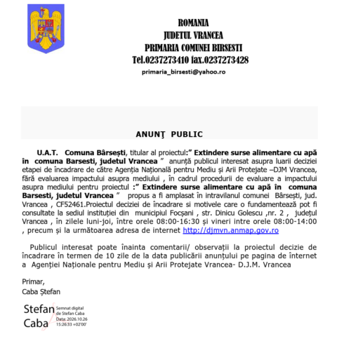 Anunț. UAT Bîrsești, evaluare a impactului asupra mediului în proiectul ”Extindere surse alimentare cu apă”